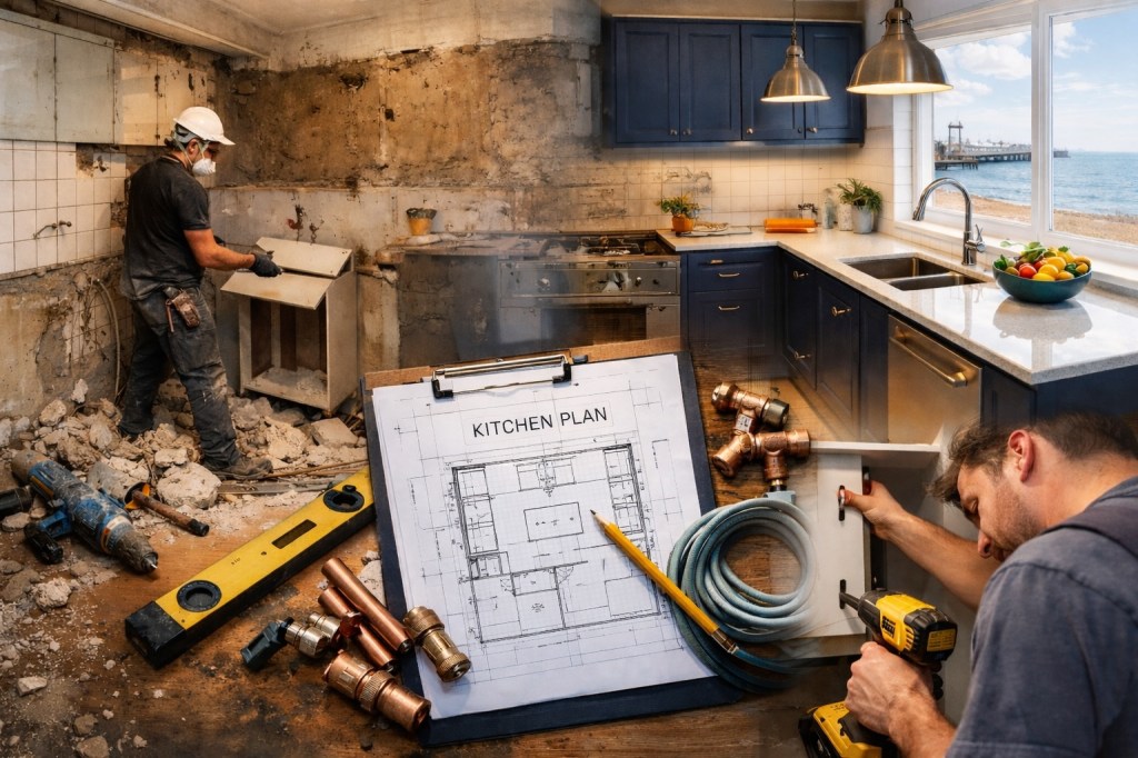 Kitchen renovation process in Brighton showing rip-out stage, kitchen plans and tools, and completed modern kitchen installation with coastal view.